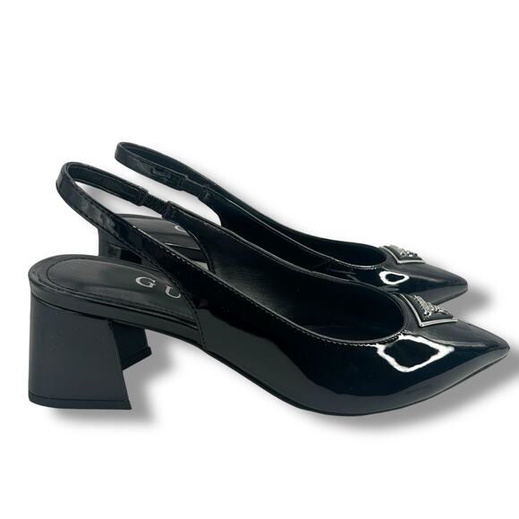 GUESS Zanda Slingback Block Heel Pumps Black Patent Size 7.5 Pointy Toe Heels - Picture 11 of 12